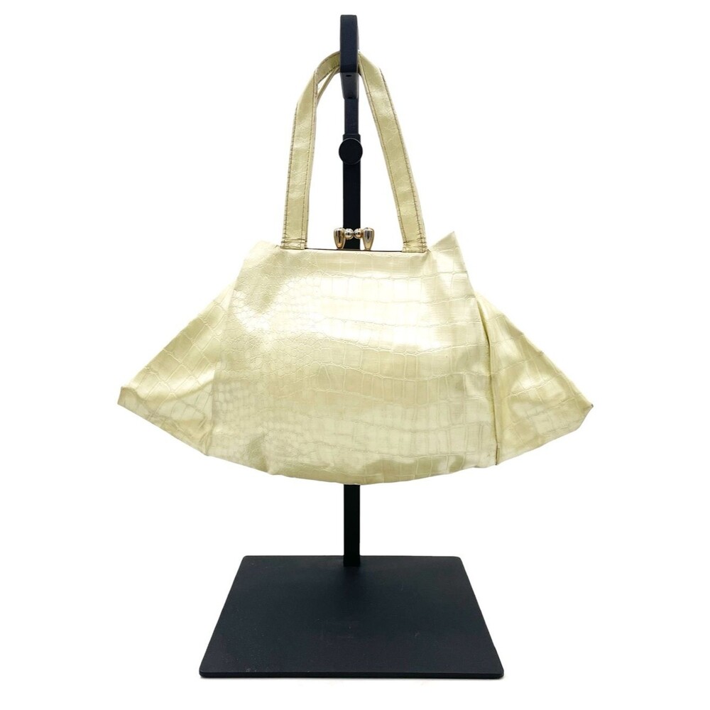 Vintage 1960s Butter Yellow Croc Embossed Kiss Lock Frame Handbag Purse Mod 60s